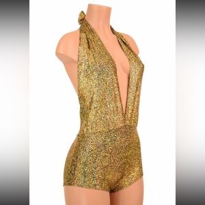 Gold on Black Shattered Glass Holographic "Josie" Romper”